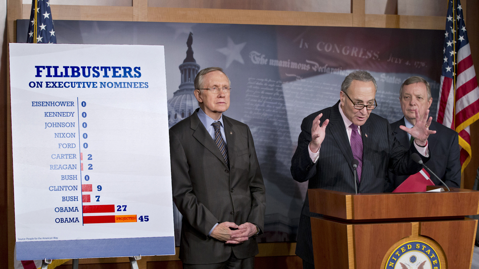 Senate Majority Leader Harry Reid of Nevada (from left), Sen. Charles Schumer, D-N.Y., and Senate Majority Whip Richard Durbin of Illinois defend the Senate Democrats' vote Thursday to weaken filibusters and make it harder for Republicans to block confirmation of the president's nominees for judges and other top posts. (J. Scott Applewhite/AP)