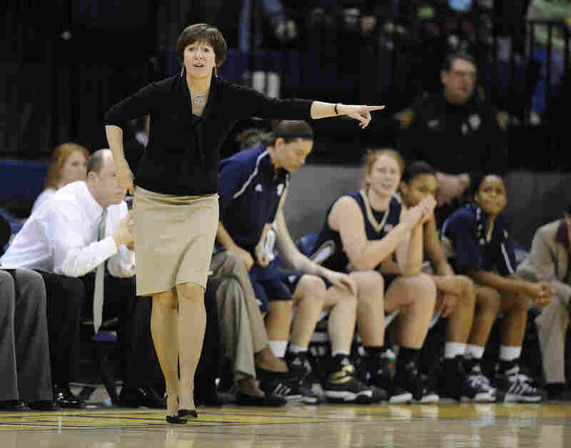 Notre Dame head coach Muffet McGraw yells out to the players during the first half of an NCAA college basketball game in 2009 in Milwaukee.