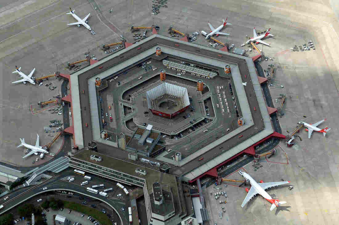 An aerial view shows planes parked at Tegel Airport in Berlin.