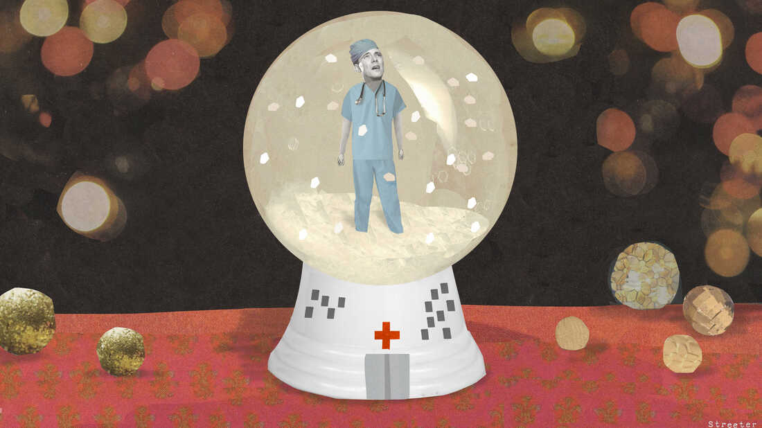 Illustration of a young doctor trapped in a snowglobe by Katherine Streeter for NPR.