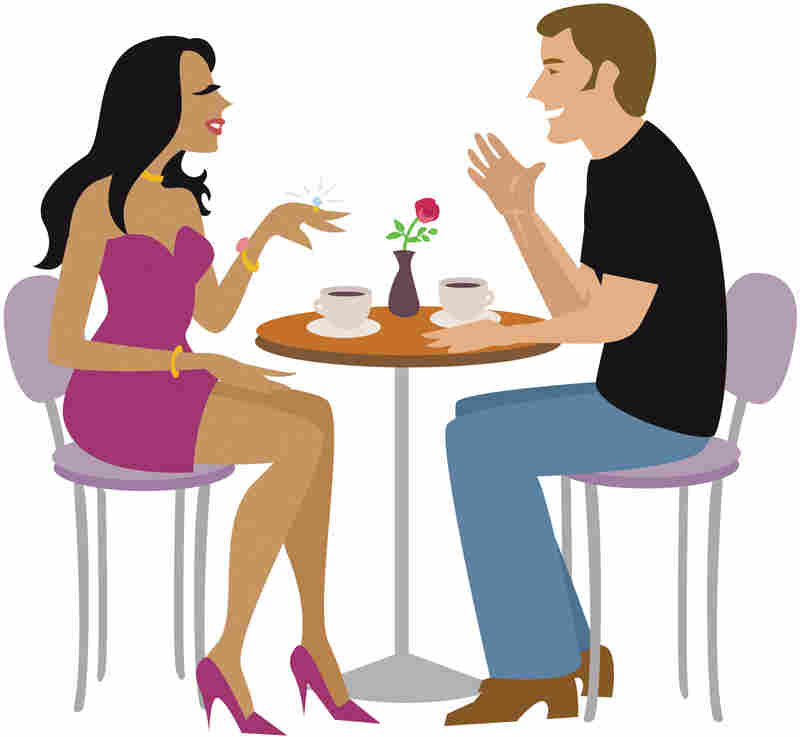 An illustration of a couple sitting at a table and talking.