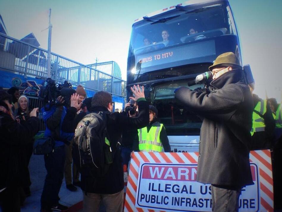 Last Monday, protesters blocked a bus that transports San Francisco Google employees to Silicon Valley. (Joe Fitzgerald Rodriguez/Courtesy of San Francisco Bay Guardian)