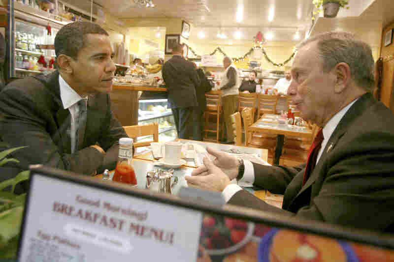 Bloomberg has breakfast with Barack Obama at a diner in New York City on Nov. 30, 2007, before Obama was elected president.