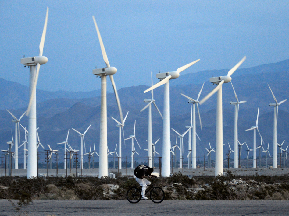 Strong gusts in Palm Springs, Calif., generate plenty of energy, thanks to turbine farms. But being able to store all of that energy is just as important. (Kevork Djansezian/Getty Images)