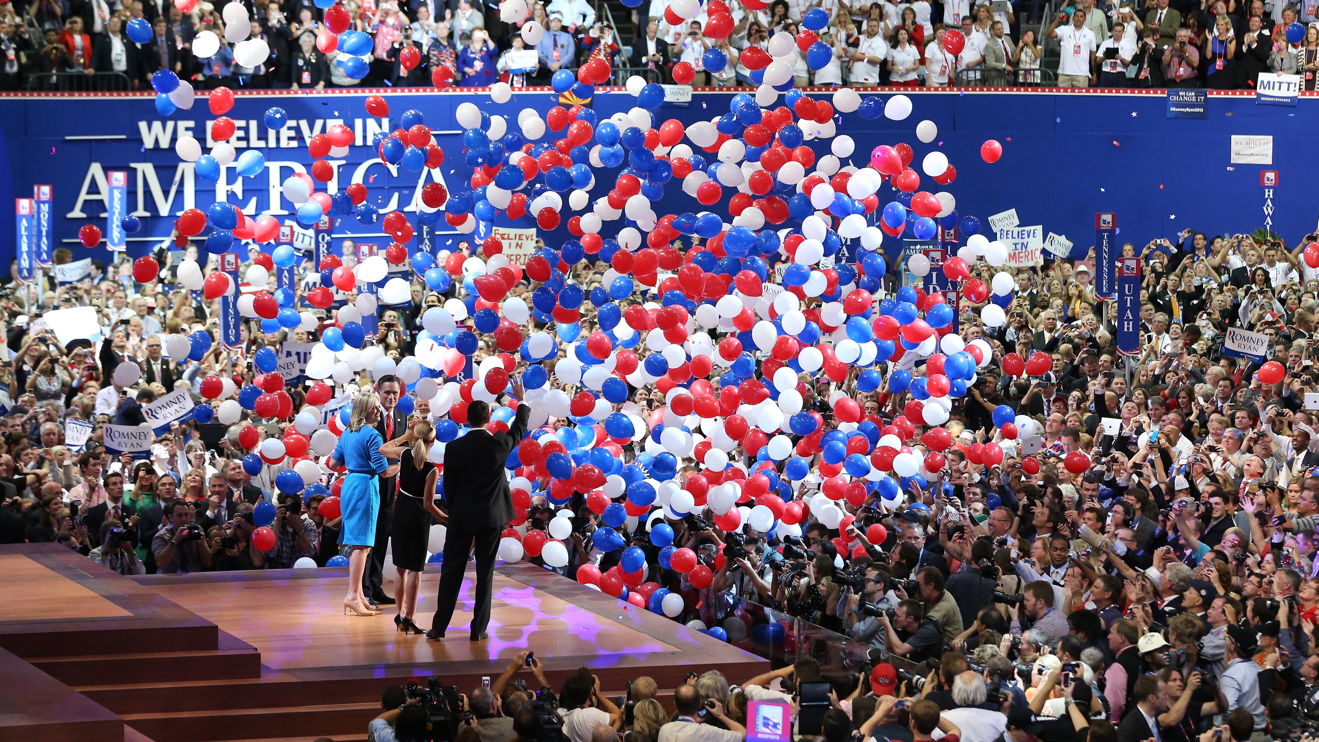 Republican presidential candidate Mitt Romney and vice presidential candidate Paul Ryan on stage with their wives Ann Romney and Janna Ryan at the Republican National Convention on Aug. 30.