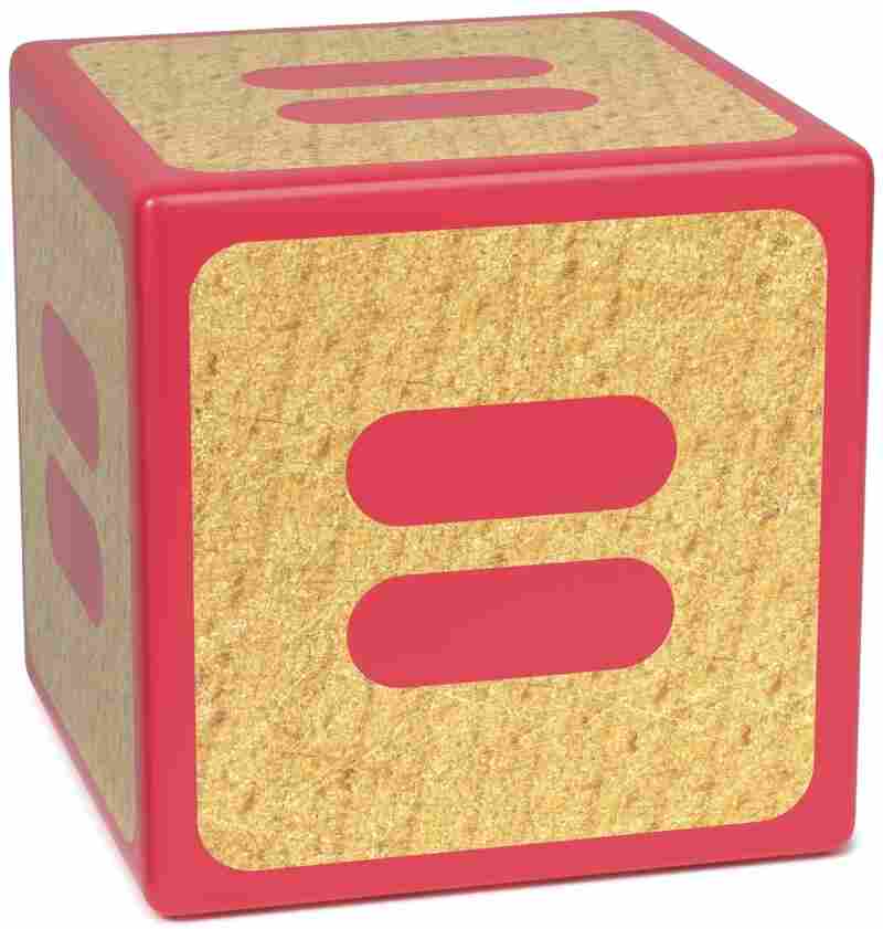 Equal signs on a red wooden children's alphabet block .