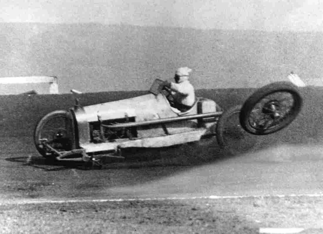 November 1924: A car loses a wheel at high speed on the Culver City Speedway, Los Angeles, California.