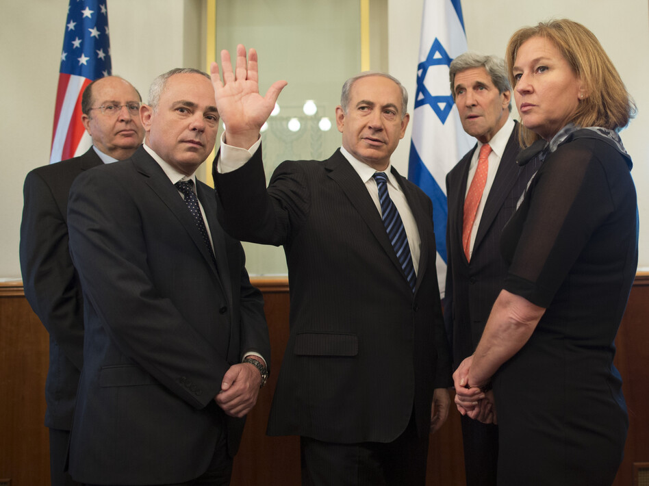 U.S. Secretary of State John Kerry, second right, stands with Israeli Defense Minister Moshe Yaalon, left, Minister of International Relations Yuval Steinitz, second left, Israeli Prime Minister Benjamin Netanyahu, center, and Minister of Justice Tzipi Livni at Netanyahu's office on May 23, 2013, in Jerusalem. (Uriel Sinai/UPI /Landov)