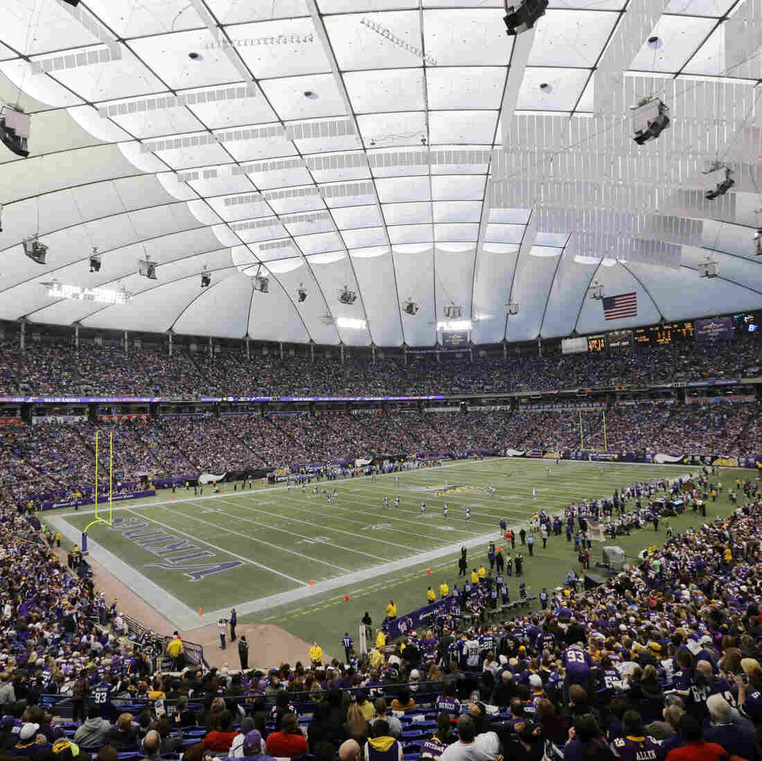 Fans cheer on Dec. 29, during the last NFL football game ever played at the Metrodome in Minneapolis. Fans cheer on Dec. 29, during the last NFL football game ever played at the Metrodome in Minneapolis.