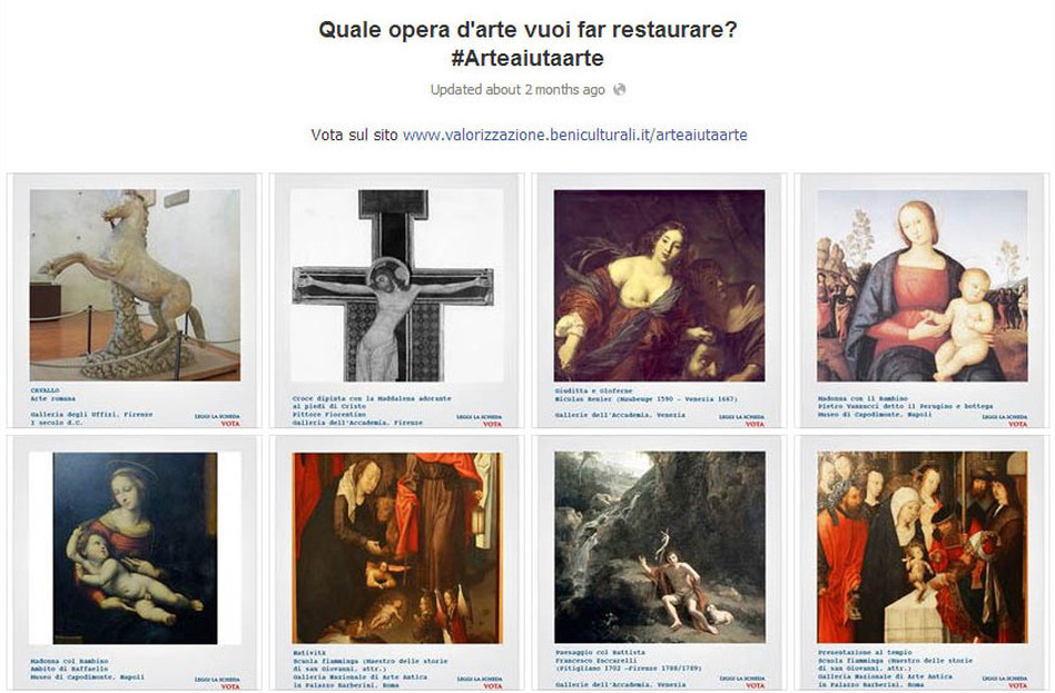 In a program called <a href="http://bit.ly/1anXVGC">L'Arte Auita L'Arte</a> (Art Helping Art) Italy's Ministry of Heritage and Culture and Tourism posted works of art in need of restoration <a href="http://on.fb.me/1aH8QZQ">on Facebook</a>. The public was asked to vote for the art it felt was most deserving of a fix-up. ( Ministry of Heritage and Culture and Tourism via Facebook)