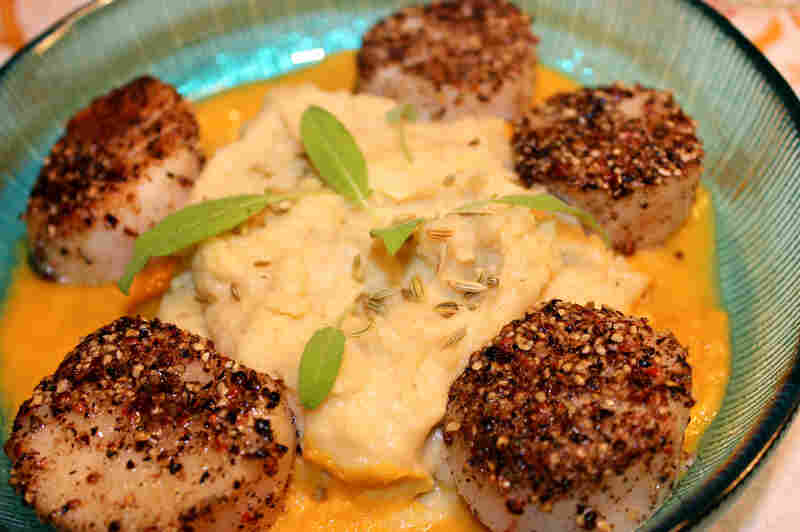 Pepper-Crusted Diver Scallops With Carrot Vanilla Emulsion
