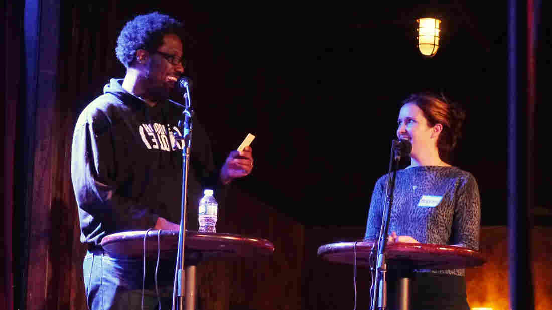 Very Important Puzzler W. Kamau Bell describes comedians who have also had their own TV shows for a contesant, on stage at The Bell House in Brooklyn, N.Y.