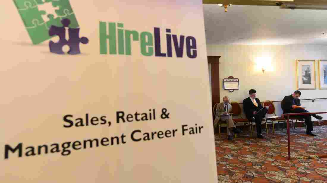 Job seekers filled out forms at this job fair last August in Arcadia, Calif.