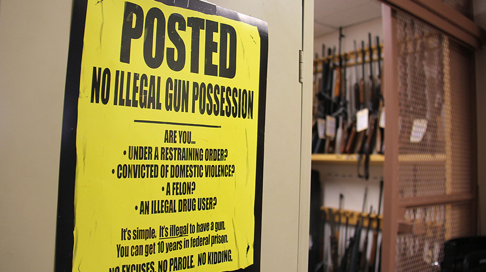 An evidence locker at the Vermont field office of the Bureau of Alcohol, Tobacco, Firearms and Explosives is filled with confiscated guns. (Taylor Dobbs/VPR)