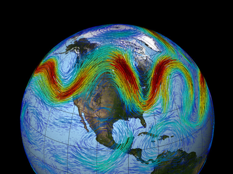 The jet stream that circles Earth's north pole travels west to east. But when the jet stream interacts with a Rossby wave, as shown here, the winds can wander far north and south, bringing frigid air to normally mild southern states. (NASA/GSFC)