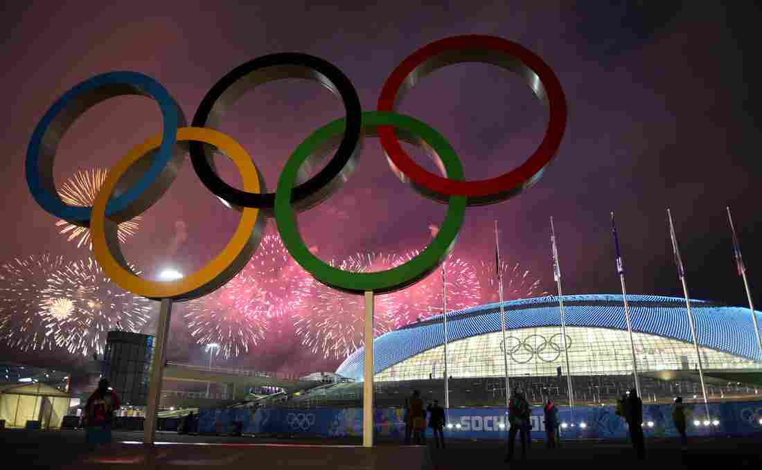 Fireworks explode around the Fisht Olympic Stadium at the end of the Closing Ceremony of the Sochi Winter Olympics on Sunday at the Olympic Park in Sochi.