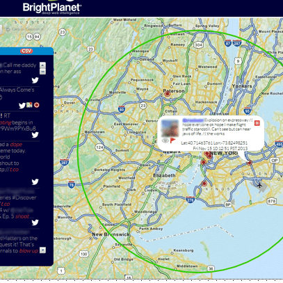 BlueJay, a tool by social media monitoring company BrightPlanet, shows the locations of tweeters who have left their geotagging option activated.