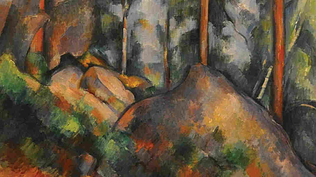 A detail of Pines and Rocks by Paul Cézanne.