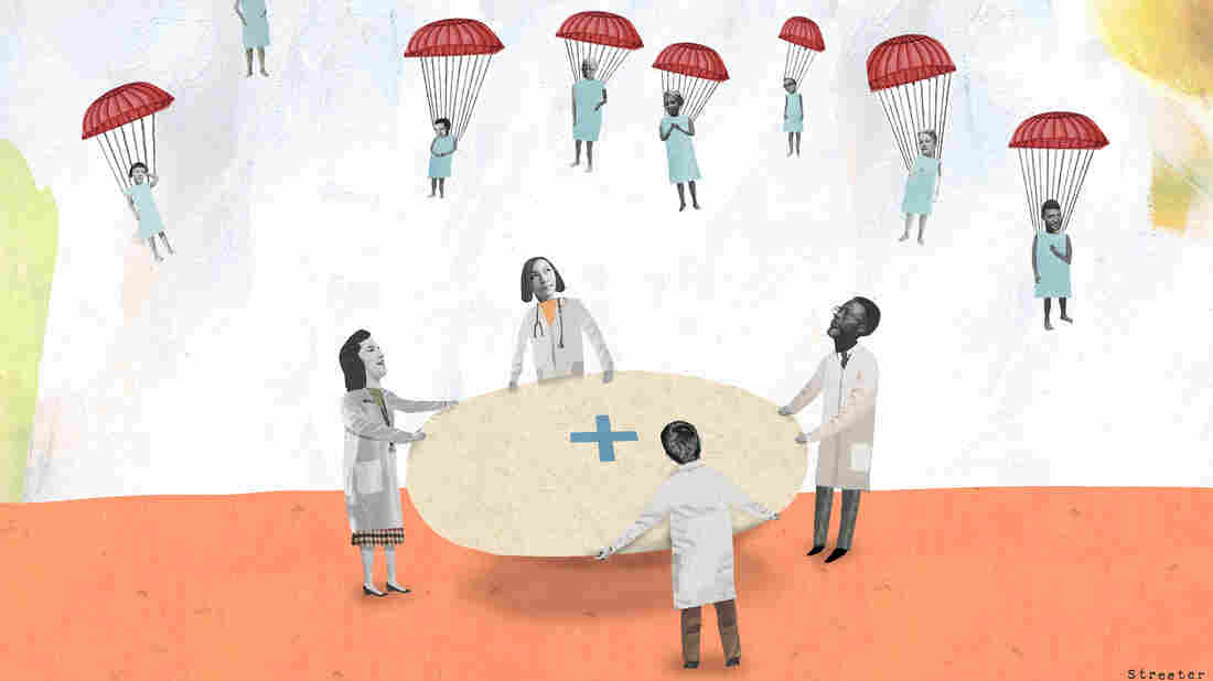 Doctors try to catch patients falling from the sky.