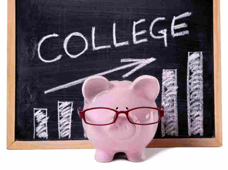Pink piggy bank with glasses standing in front of a blackboard with simple college savings chart.
