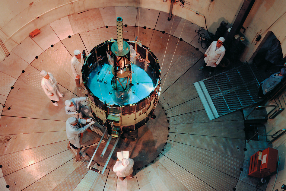 Early days: NASA's International Sun-Earth Explorer C (also known as ISEE-3 and ICE) was undergoing testing and evaluation inside the Goddard Space Flight Center's dynamic test chamber when this photo was snapped in 1976. (NASA)