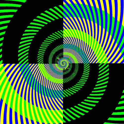 Green, blue, black, yellow spiral pattern in quadrants