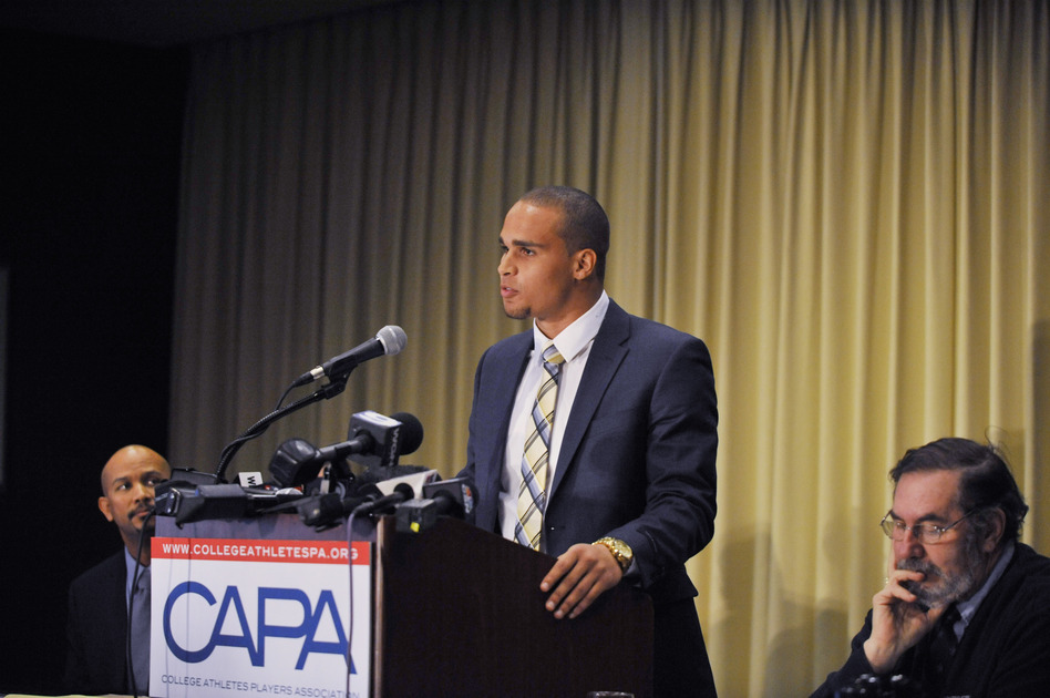 Northwestern quarterback Kain Colter speaks at a January press conference in Chicago. (David Banks/Getty Images)