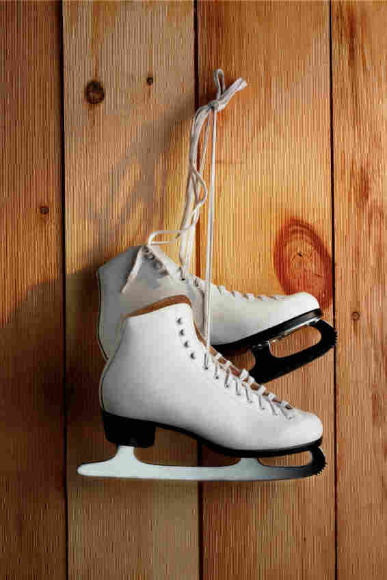 Hanging ice skates.