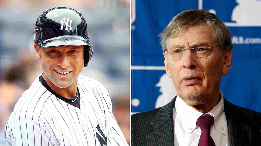 Derek Jeter (left) of the New York Yankees on July 11, 2013 at Yankee Stadium. Major League Baseball Commissioner Bud Selig (Right) speaks during a news conference on Aug. 15, 2013, in Cooperstown, N.Y.