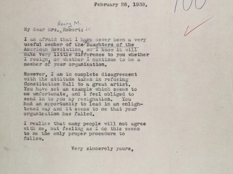 Eleanor Roosevelt, in protest of the decision to refuse Anderson's admission to Constitution Hall, resigned her membership in the Daughters of the American Revolution with this Feb. 26, 1939, letter to Mrs. Henry Roberts.