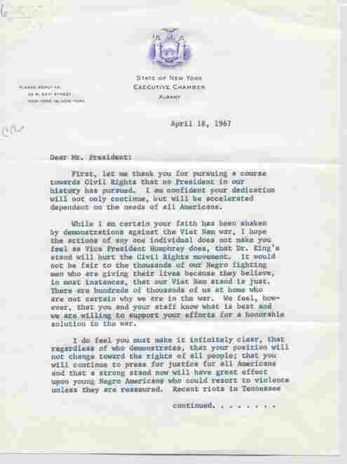 This 1967 letter from Jackie Robinson touches on the two biggest policy dilemmas Johnson had to navigate: the war in Vietnam abroad and the civil rights movement at home. Robinson urged Johnson not to let the war's growing unpopularity — Martin Luther King had become a vocal opponent of the war — distract Johnson from the momentum of the civil rights movement.