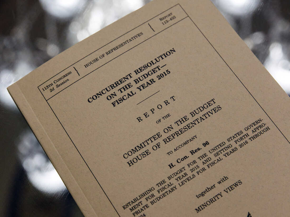 A copy of the House GOP budget advanced by Budget Committee Chairman Paul Ryan, R-Wis., on a table in the House Rules Committee April 7.