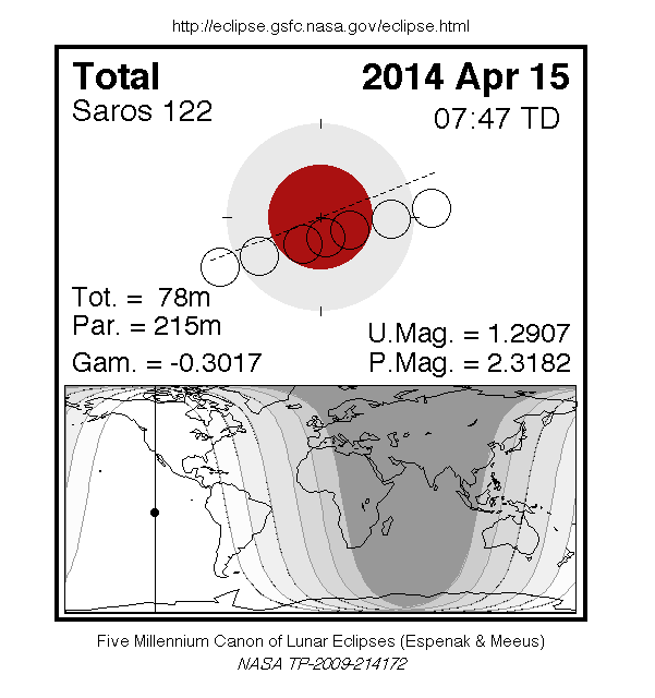 A chart showing the area in North America where the total lunar eclipse will be visible late Monday and early Tuesday.