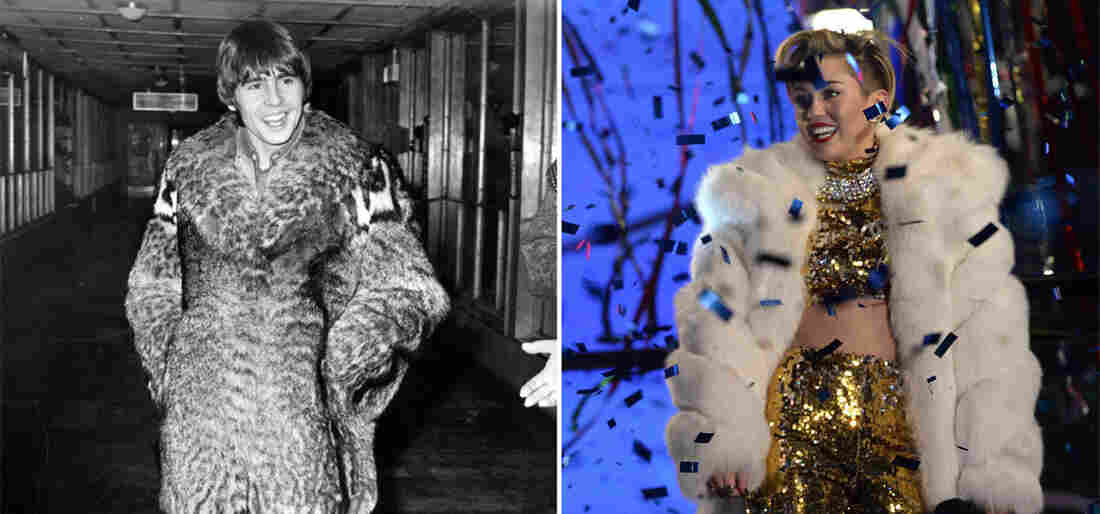 Davy Jones of the Monkees rocking some fur in 1968 (George Stroud) and Miley Cyrus, doing the same, in 2013 (Timothy A. Clary).