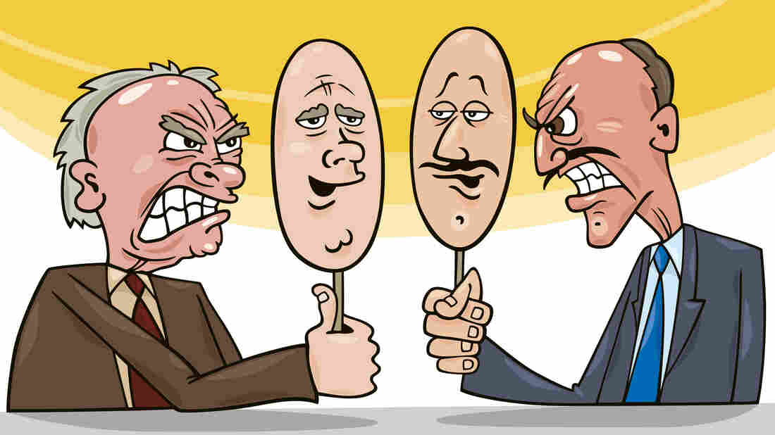 A cartoon illustration of two men facing each other and hiding their angry faces behind friendly masks.