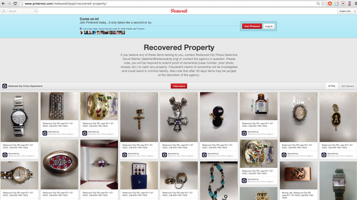 Pinterest users helped police in Redwood City, Calif., reunite stolen property with its owners.