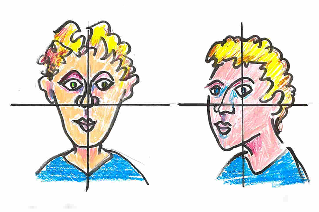 Two faces, one looking dead on and the other looking left.