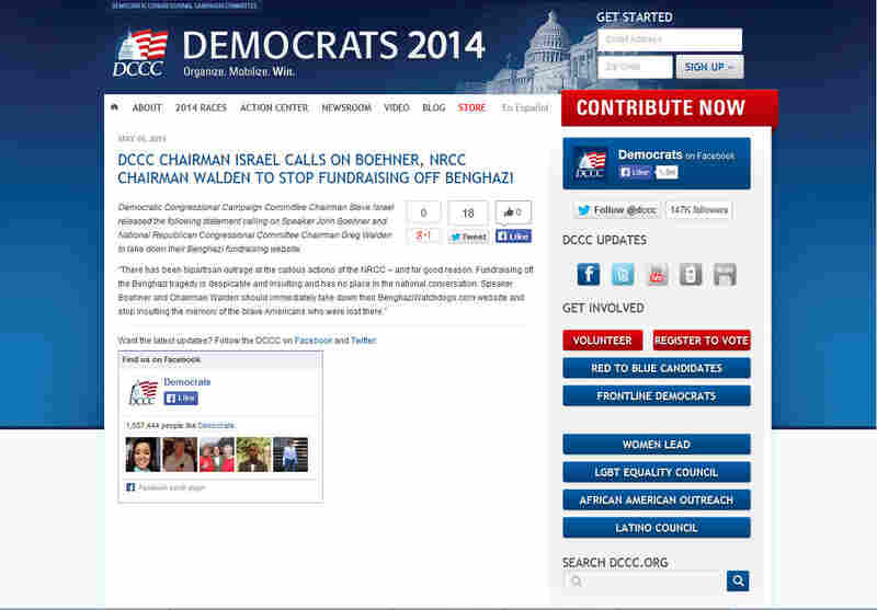 DCCC screen shot of Benghazi press release with contribution button in sidebar.