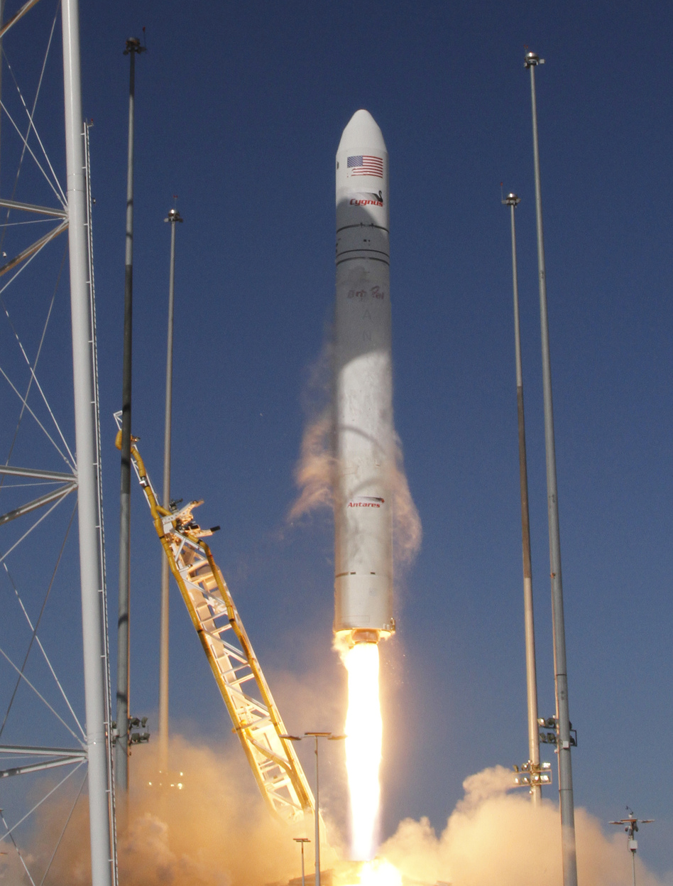 Orbital Sciences Corp.'s Antares rocket lifts off at Wallops Island, Va., in April of last year. The Antares uses a pair of Russian-made NK-33 rocket engines that Moscow says it will stop supplying for military launches. (Steve Helber/AP)