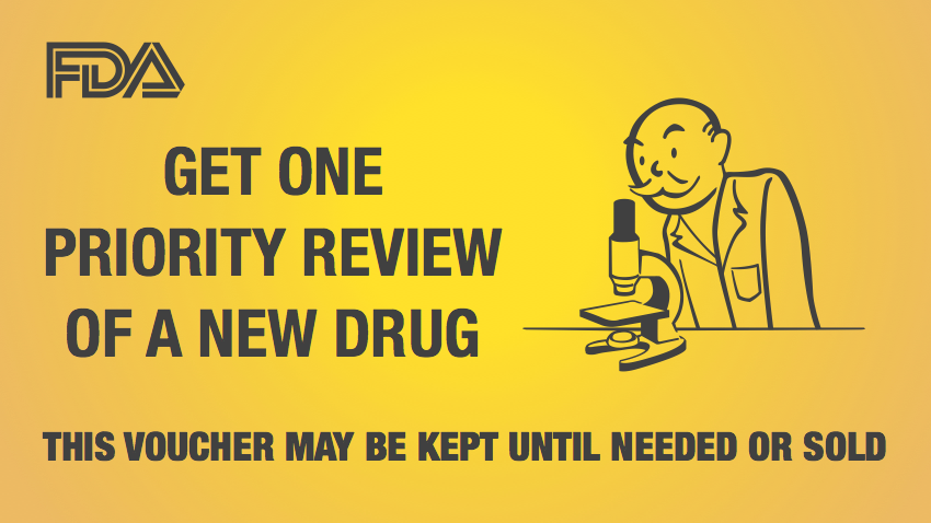A Monopoly-style card illustrates the voucher that can be redeemed with the Food and Drug Administration for priority review.