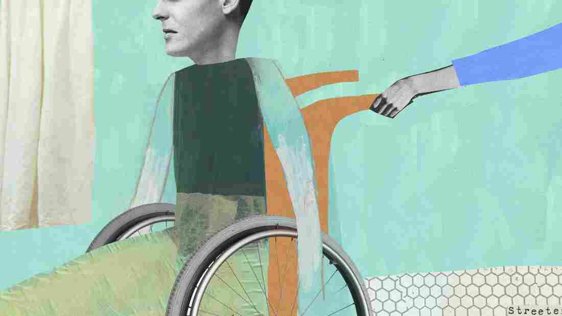 An illustration of a disabled man sitting in a wheelchair at the hospital by Katherine Streeter for NPR.