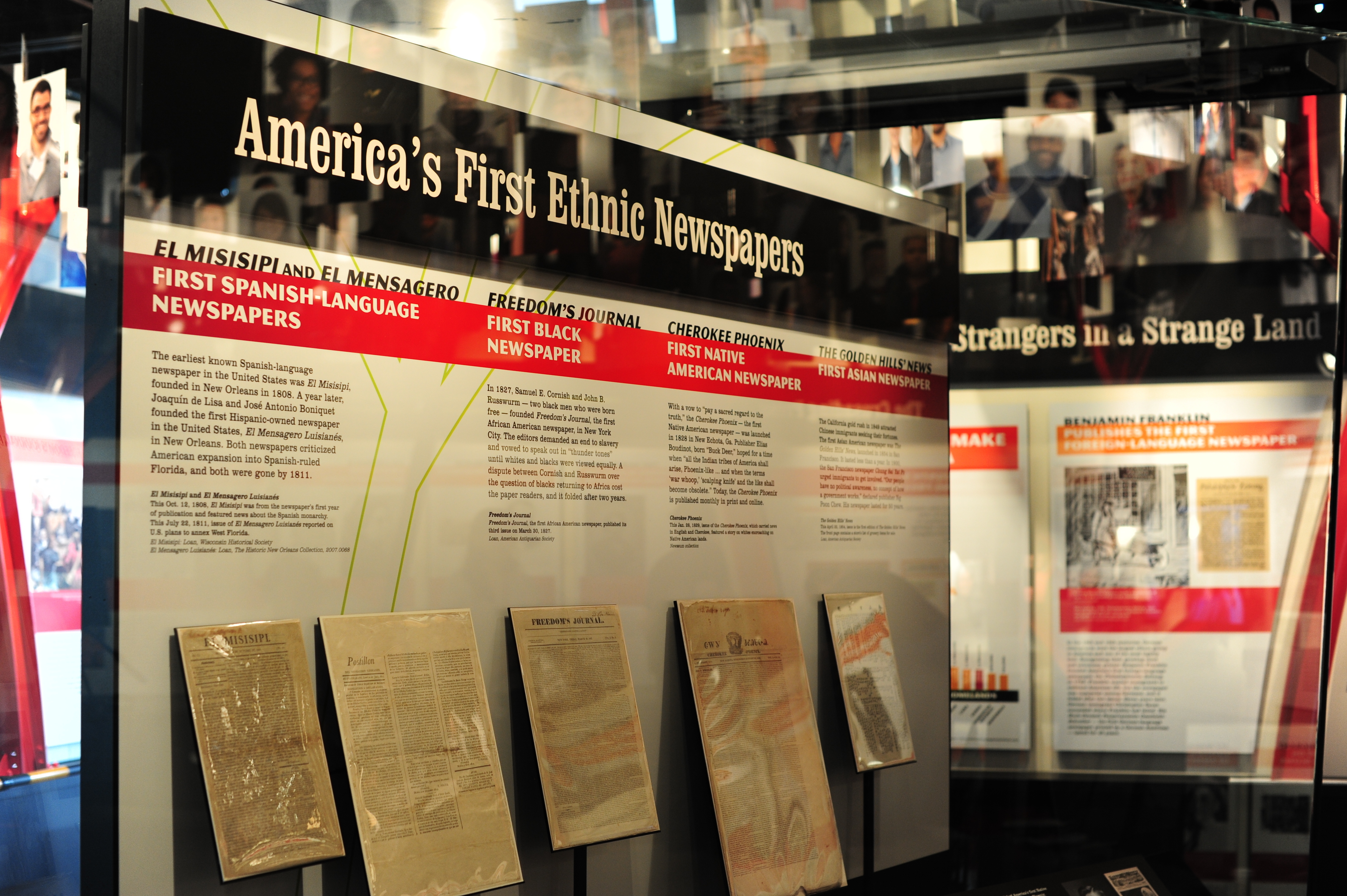 A display of America's first ethnic newspapers at the Newseum's new exhibit, &quot;One Nation With News For All.&quot; The exhibit opened on May 16 and runs through Jan. 5, 2015. (Jonathan Thompson/Newseum)