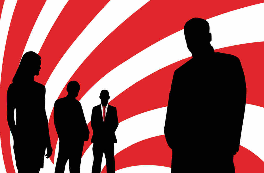 An illustration showing the silhouettes of four people against a swirling red-an-white background.