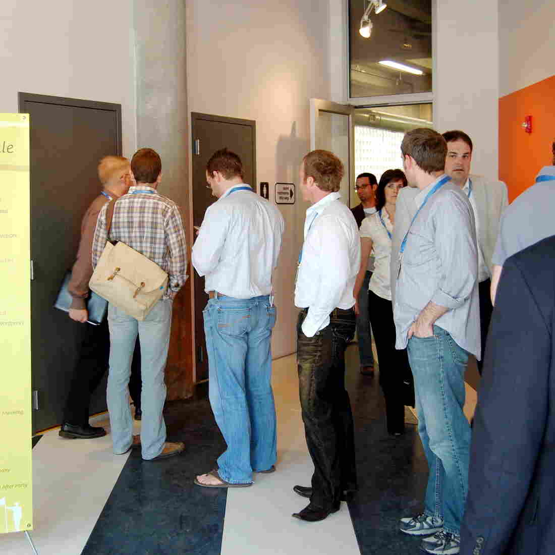 A long line for a men's room at a 2009 tech conference in Omaha, Neb. Photos of this situation have now inspired a Twitter feed. A long line for a men's room at a 2009 tech conference in Omaha, Neb. Photos of this situation have now inspired a Twitter feed.