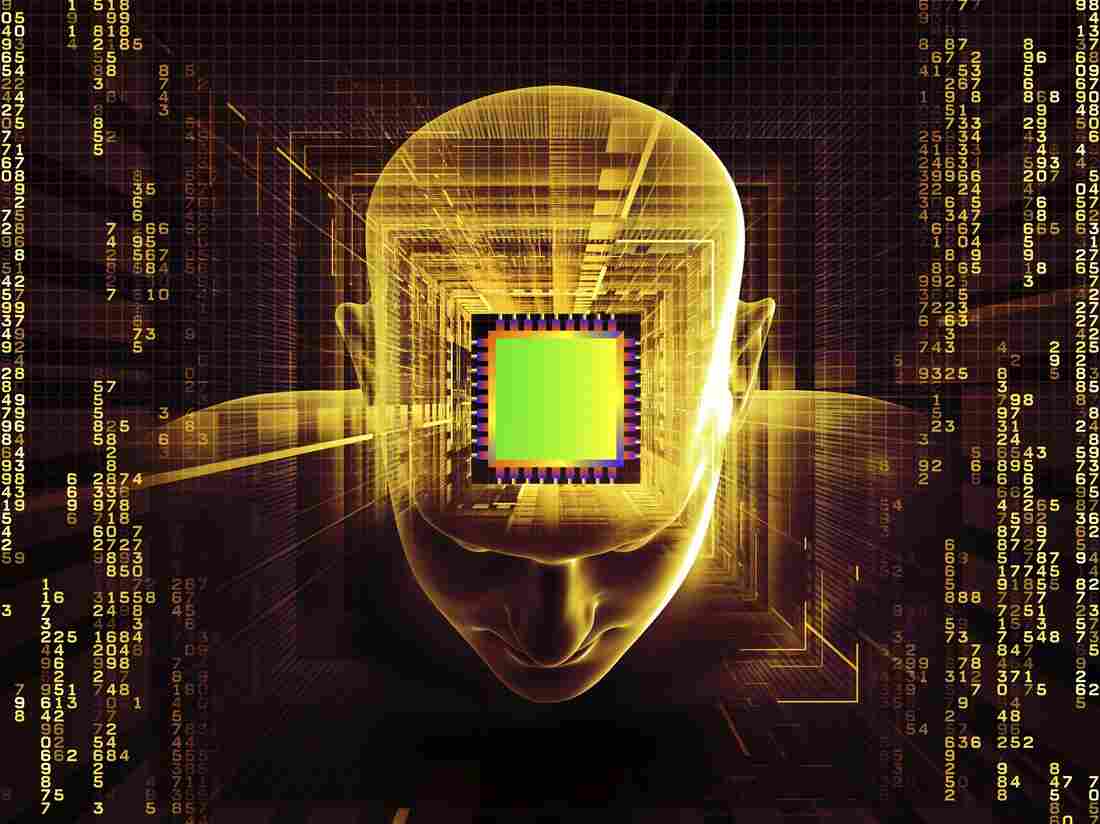 Collage illustration of a human head, computer chip, digits and various abstract elements.