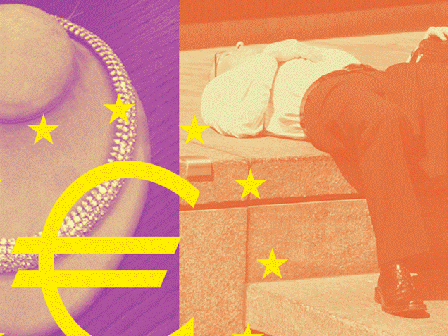 Image of a pawned diamond necklace, a sleeping banker and the Euro sign.