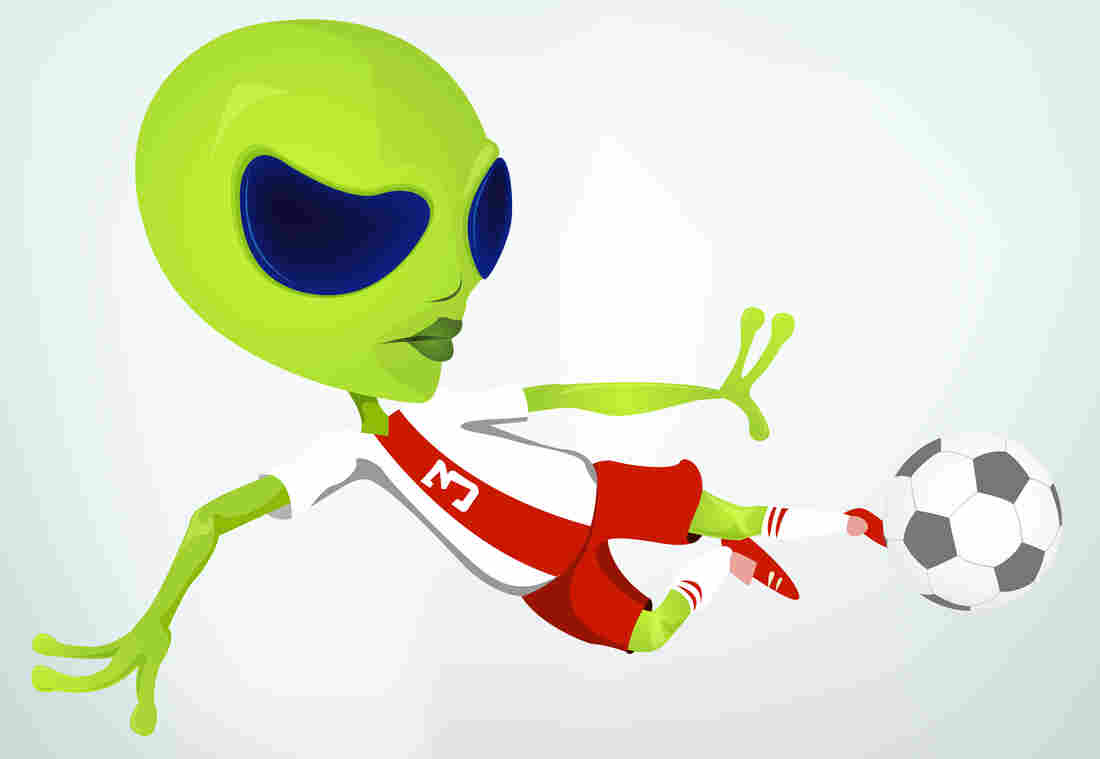 Illustration of a green alien kicking a soccer ball.