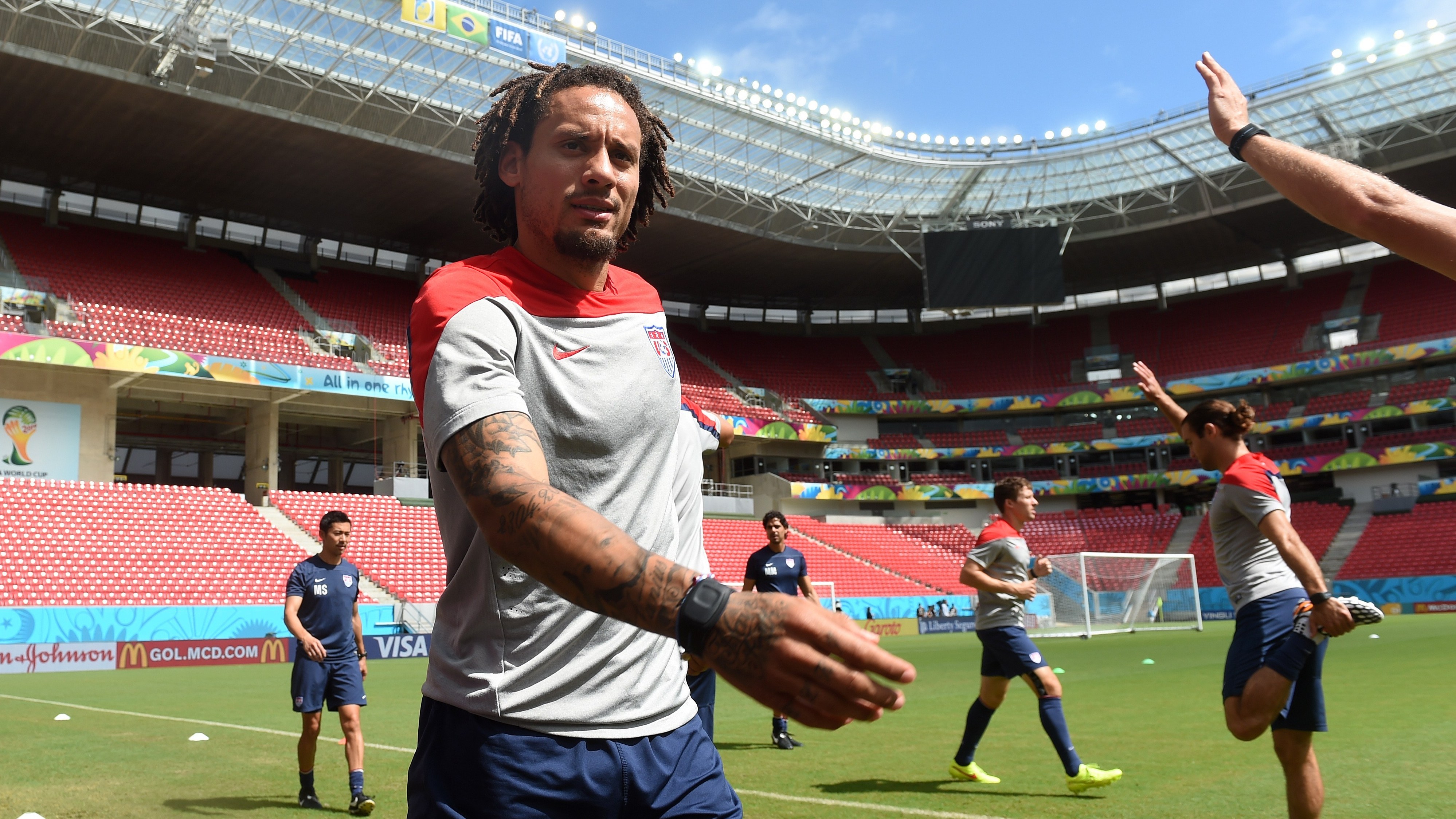 U.S. midfielder Jermaine Jones warms up during a training session at Recife's Pernambuco Arena Wednesday, one day before the Americans face Germany in a decisive Group G soccer match. The game begins at noon, ET.
