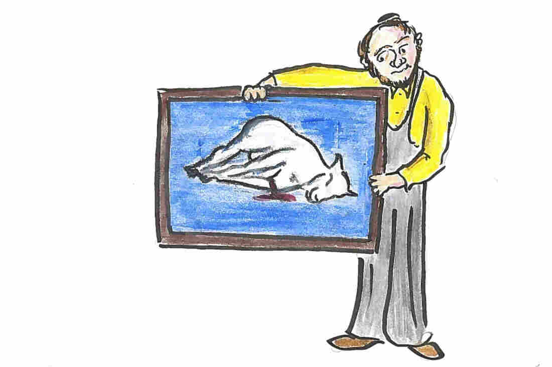 An artist displays painting of a dead sheep.