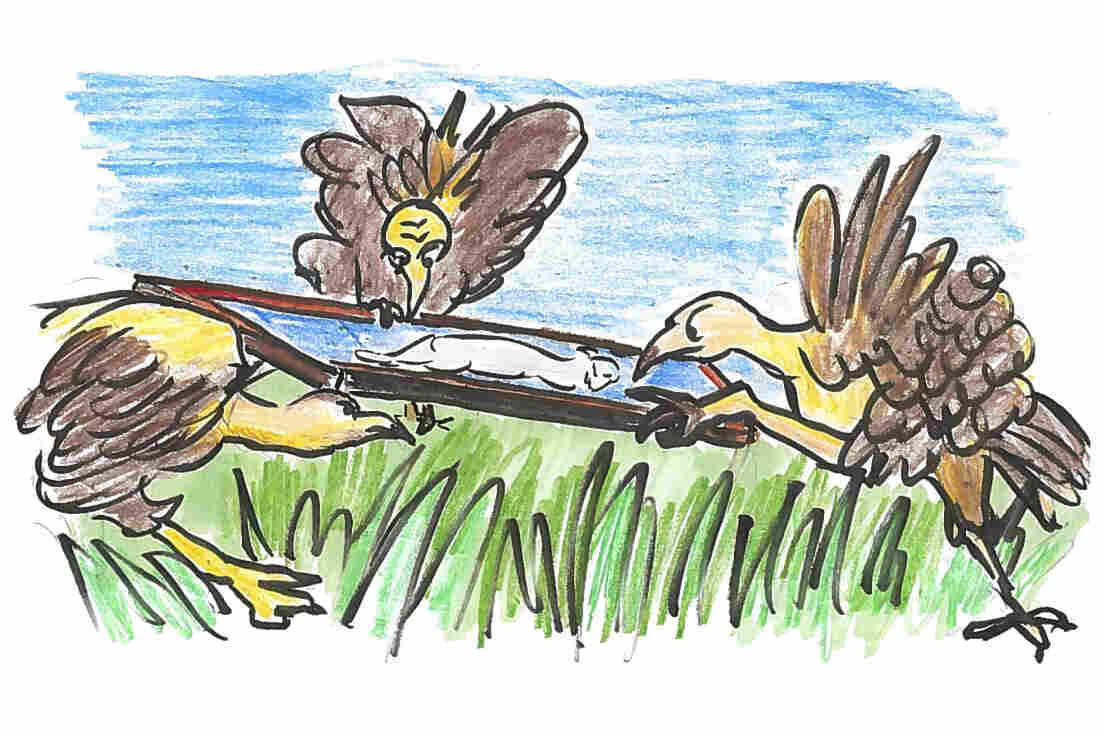 Vultures attacking a painting.